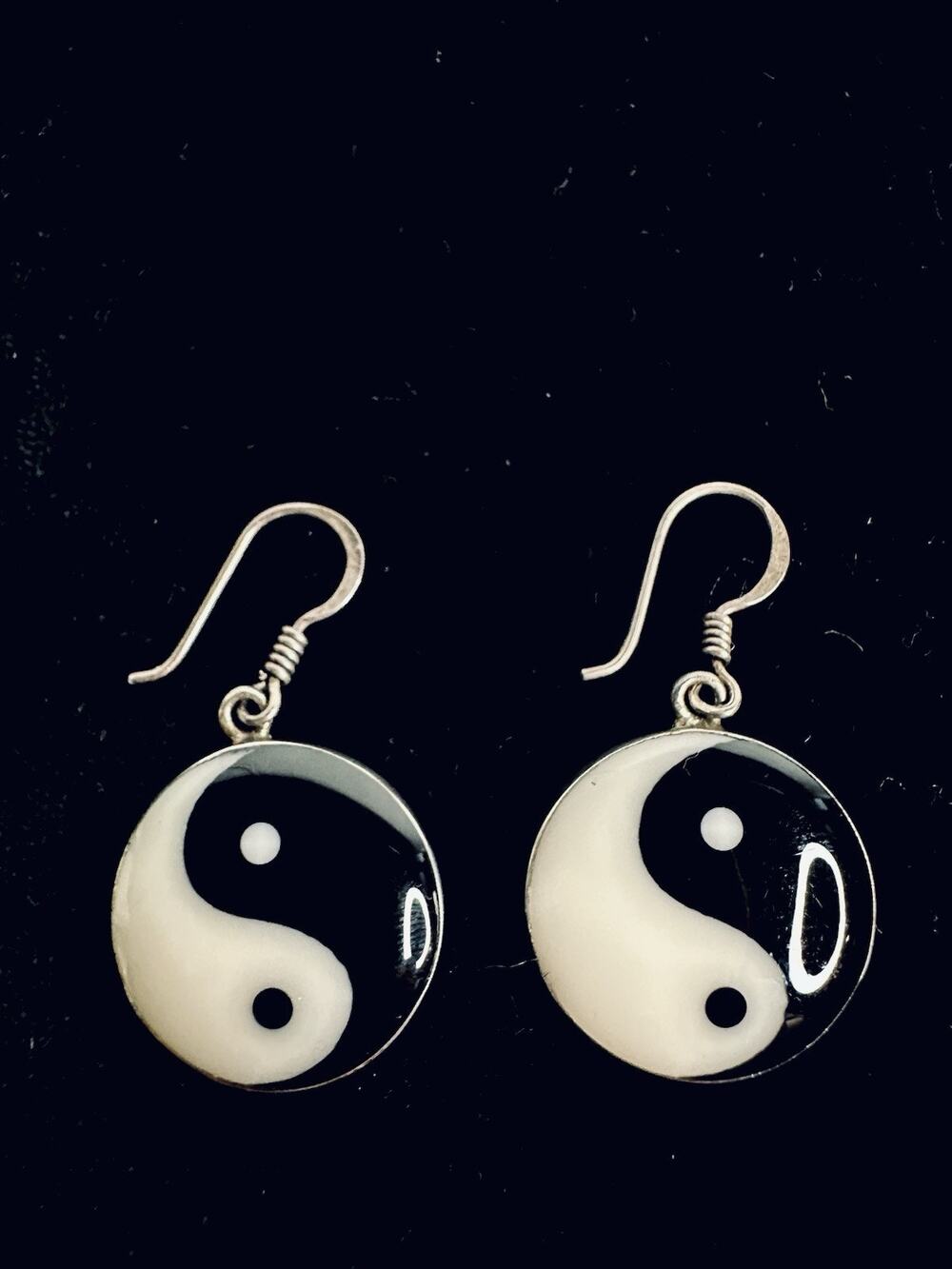 925 Sterling Silver Dangle Yin Yang Earrings With Black & White Inlay Boho